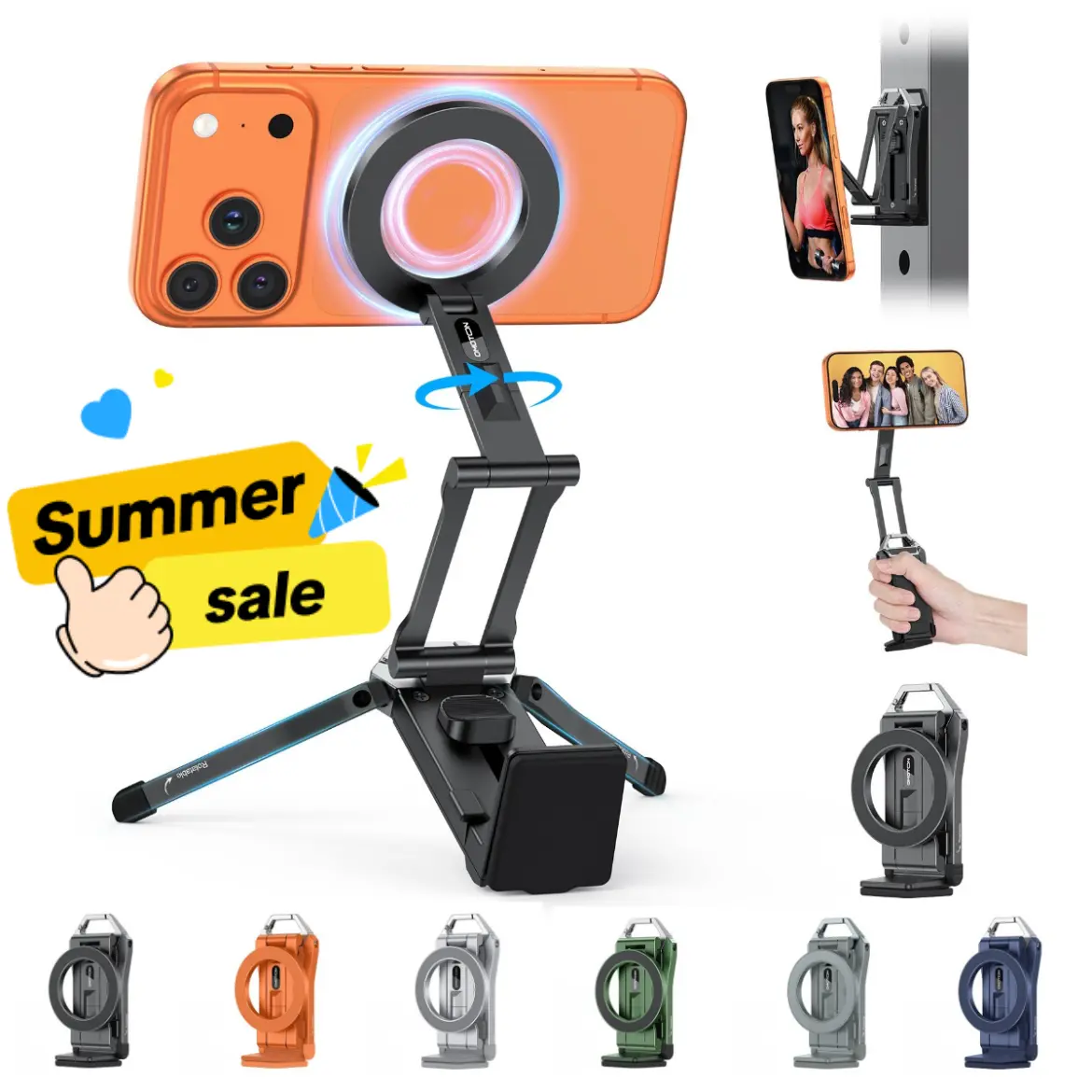 OMOTON TP02 Magnetic Aluminium Phone Mount Tripod Stand - Foldable Desk Phone Accessory with 360° Rotating Shaft, Adjustable Ring Grip, Selfie Stick Clamp, Hook for iPhone, Content Creator Tools,back to school
