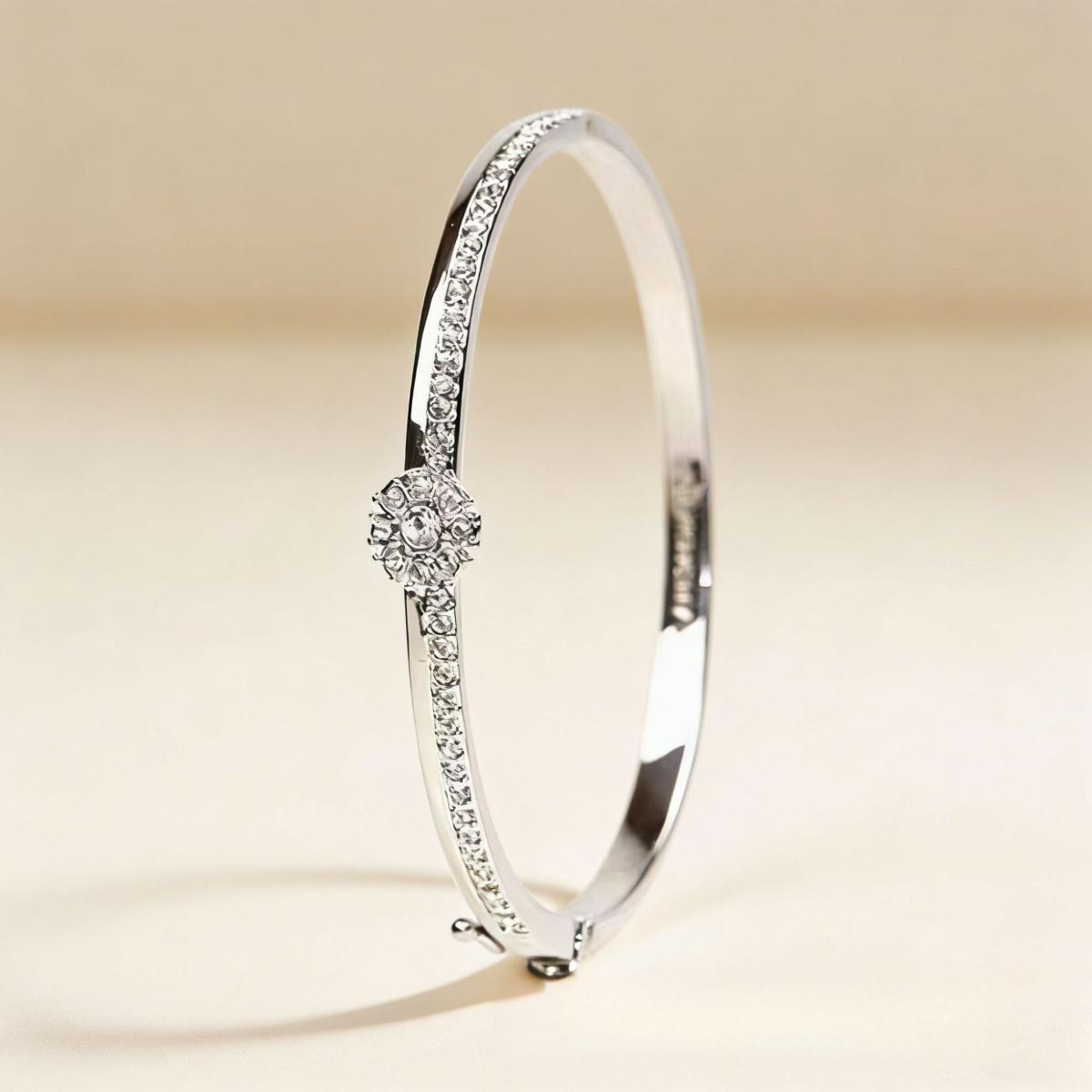 Luxury Round Center Stone Pavé Bangle Bracelet for Women, Elegant Polished Sparkle Hinged Bangle, Premium Statement Cuff Bracelet, Trendy Aesthetic Formal Jewelry, Timeless Anniversary Birthday Gift for Her