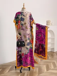 Women's Floral Print Long Casual Soft Boho Style Scarf & Shawl Set, Floral Pattern Shawl, Casual Butterfly Sleeve Open Front Shawl & Smooth Scarf, Fashion Accessories for Beach Vacation