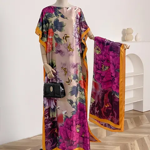 Women's Floral Print Long Casual Soft Boho Style Scarf & Shawl Set, Floral Pattern Shawl, Casual Butterfly Sleeve Open Front Shawl & Smooth Scarf, Fashion Shawl Wrap, Boho Floral Scarves, Fashion Accessories for Beach Vacation