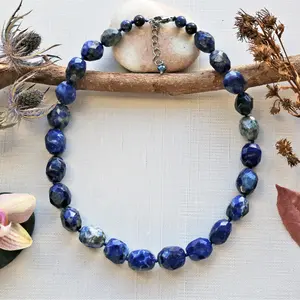 Faceted Lapis Lazuli Necklace. Beaded Genuine Gemstone Necklace. Sterling Silver Lapis Necklace.  Gemstone Statement Necklace