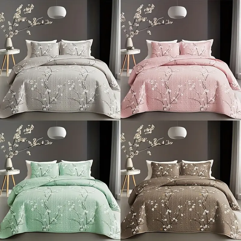2/3pcs Multicolour Tree Branch Plum Blossom Quilted Quilt, 1pc Quilted Quilt+ 1/2pcs Pillowcases, Soft Breathable Comfortable Portability Hypoallergenic Machine Washable Bed Cover Bedding Room Decor, Twin/ Queen/ King Size