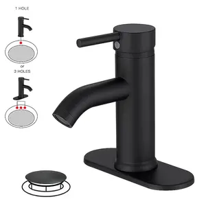 Matte Black Single Handle Solid Brass Bathroom Sink Faucet with Pop Up Drain Supply Lines & Deck Plate for Modern Bathrooms