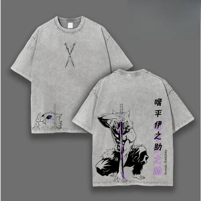 Retro Vintage Inosuke Hashibira - Demon Slayer Anime Double Printed Vintage Washed Tee Unisex Oversize Anime Manga Washed Heavyweight Cotton T-shirt, Gift For Anime Fan, Anime Lover Unisex 100% Cotton T-shirt