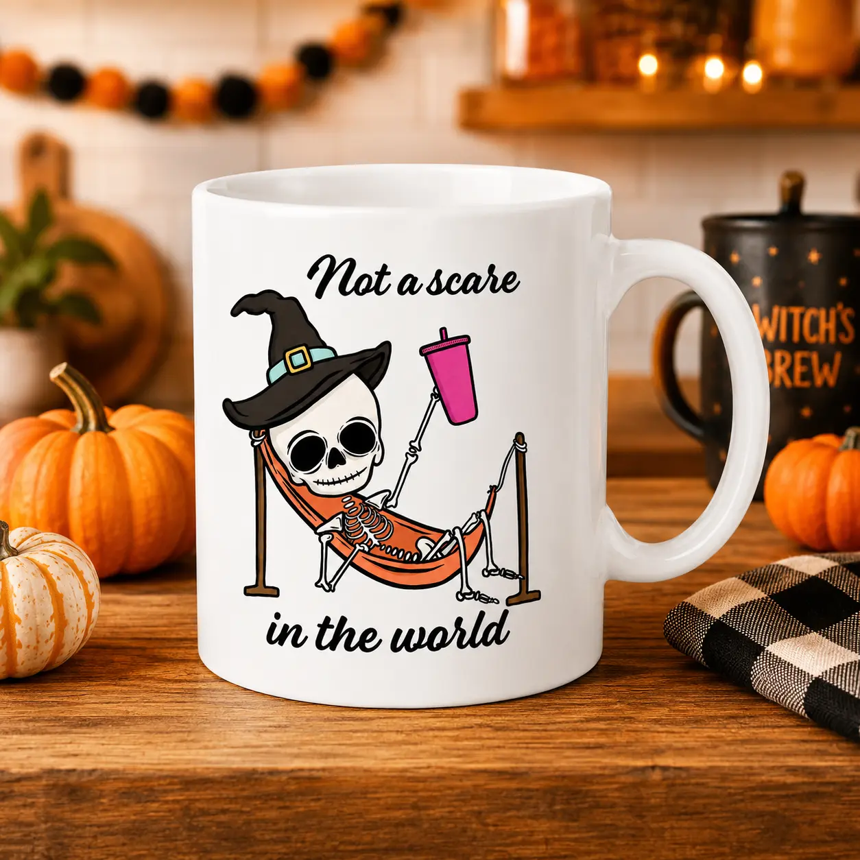 Funny Halloween Skeleton 11oz Coffee Mug, Not a Scare in the World Ceramic Cup, Witch Hat Skeleton Novelty Mug, Cute Spooky Season Gift for Women, Friends, Coworkers, Coffee Lovers