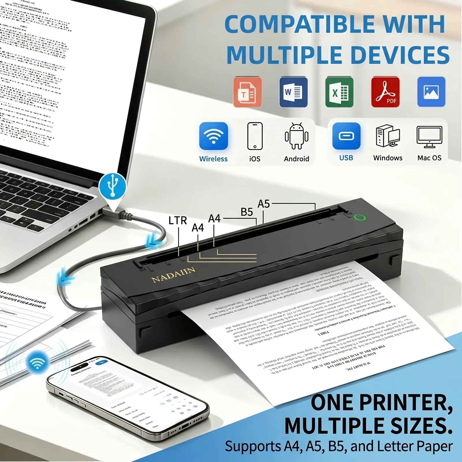 Portable A4 printer, includes 15 sheets of paper, suitable for photos, notes, and receipts; can be connected to smartphones, laptops, and tablets – a must-have for home, office, and school