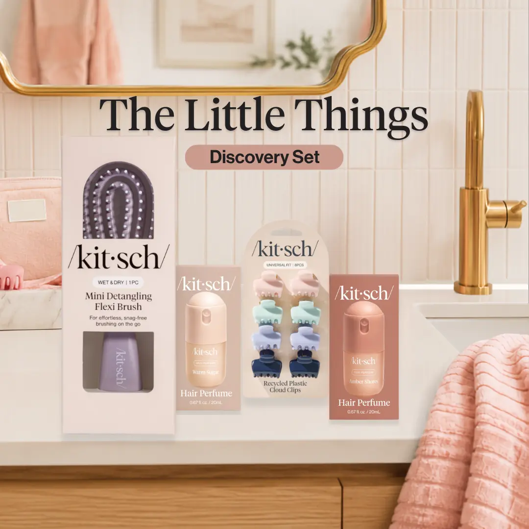 Kitsch - The Little Things Discovery Set - Compact Size - Mini Hair Perfumes - Fragrance Essentials  - Warm Sugar - Amber Shores - Cloud Claw Clip Set - Violet Detangling Flexi Brush - Travel Friendly