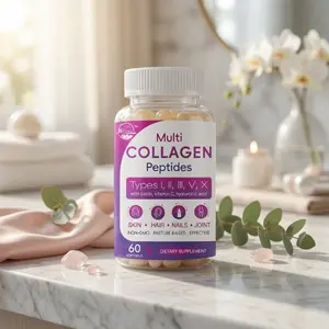 Multi Collagen Peptides Softgels Type I, II, III, V & X - Hydrolyzed Collagen with Biotin, Vitamin C & Hyaluronic Acid for Skin, Hair & Nails, Grass-Fed Non-GMO - 60 Softgels