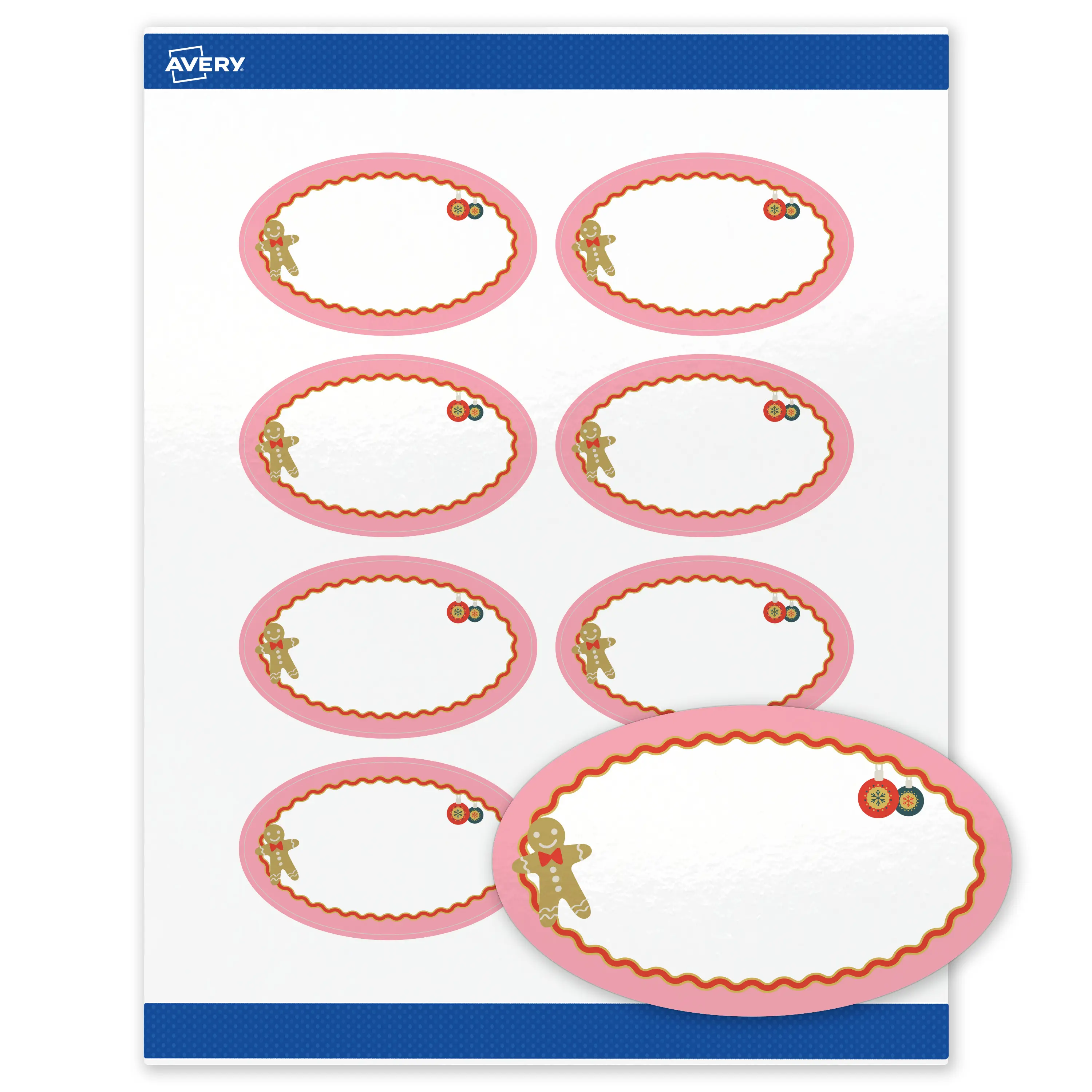Avery® Printable Oval Labels, 2" x 3-1/3", Glossy White, Pre-printed Metallic Gold Ornaments & Gingerbread Design, Sure Feed® Technology, Laser/Inkjet Compatible, 160 Total