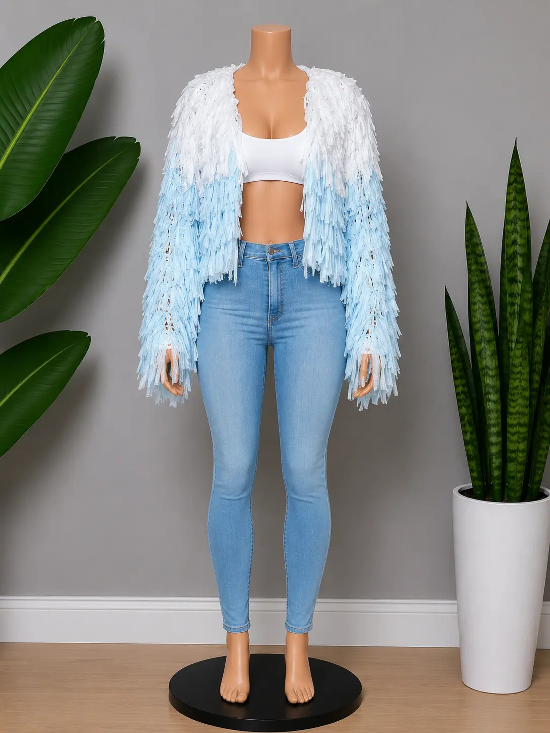 Women's Frilly Crop Cardigan in Baby Blue, Open Front Crochet Net Knitwear Top for Spring and Summer Wear, Tops, Lacy, Frilly Edges, True To Size, Mesh