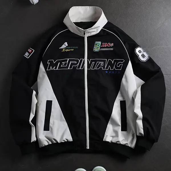 Men’s American-style color-block racing-inspired stand collar jacket; unisex streetwear brand lettered patch motorcycle zip-up outerwear
