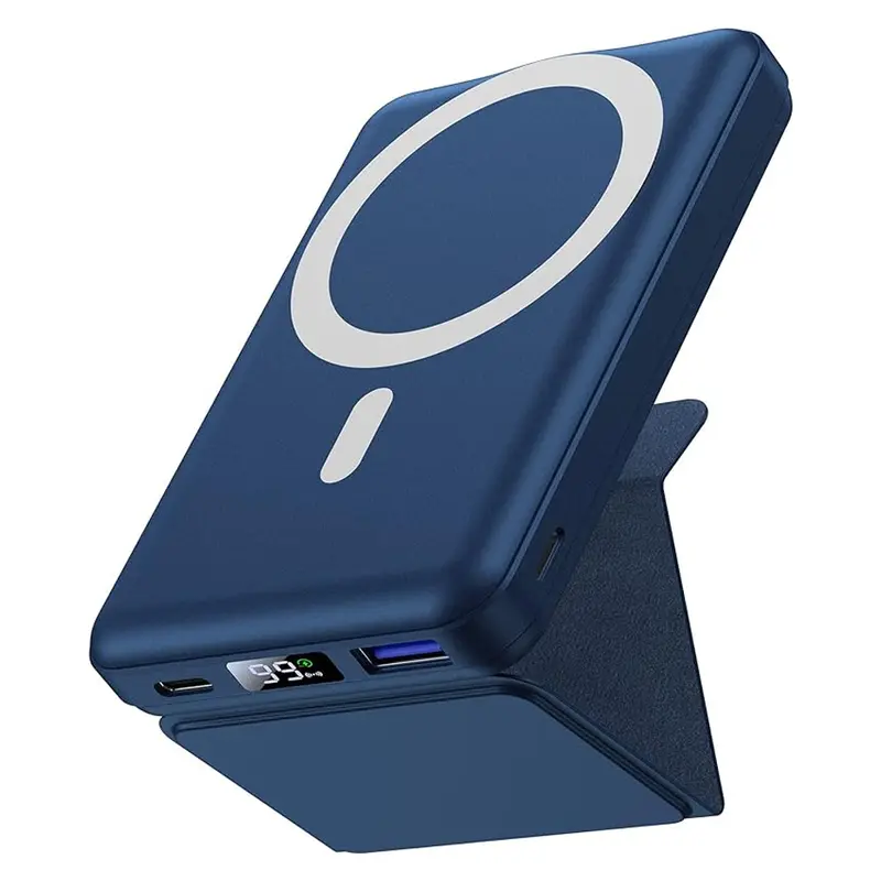 Yiisonger 10000 mAh Universal Wireless Power Bank - 22.5W PD Fast Charging, Magnetic, Folding Stand, Hands-Free, LED Display, USB-C Cable, for iPhone, Smartphone, Devices, Blue Travel Gadgets, EDC Gear