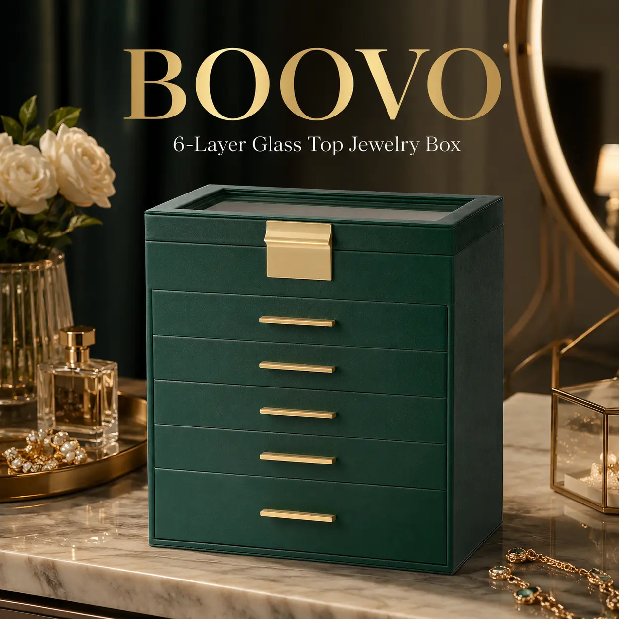 BOOVO (Forest Green) 6-Layer Large Jewelry Organizer Box - PU Leather Jewelry Storage Box with Glass Lid & Mirror, Velvet-Lined Holder for Necklaces, Rings & Earrings, Perfect Birthday Gift for Mom, Wife, Girlfriend & Daughter