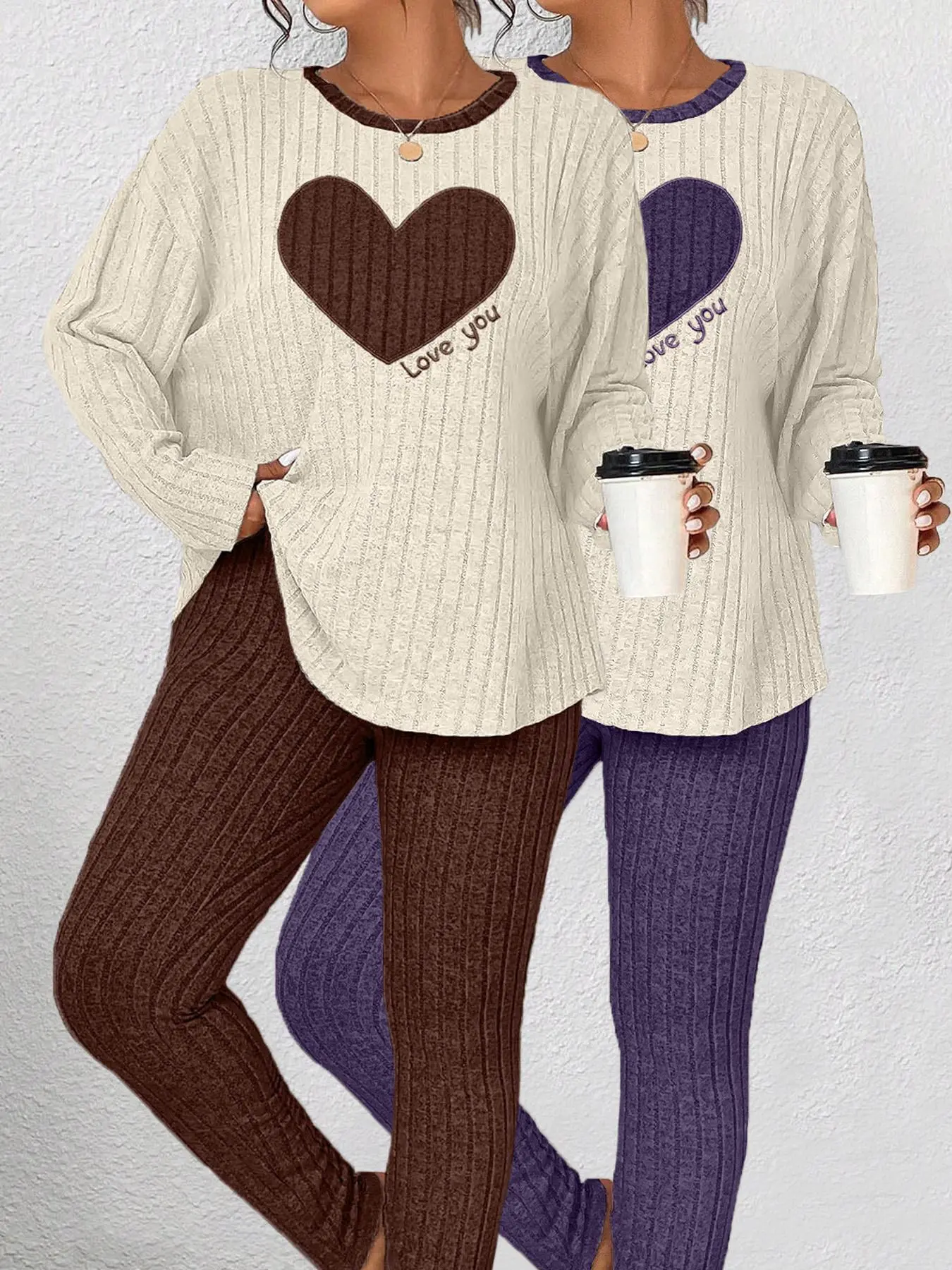 [Plus Size] Heart Print Drop Shoulder Tee & Pants Loungewear Set, Glam Lounge Wear, Casual Comfy Round Neck Long Sleeve Top & Trousers Pj Set, Women's Sleepwear for All Seasons, Heart Pattern Sleepwear, Sleepwear Pajamas Set, Heart Printed Pajama