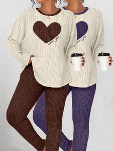 [Plus Size] Heart Print Drop Shoulder Tee & Pants Loungewear Set, Glam Lounge Wear, Casual Comfy Round Neck Long Sleeve Top & Trousers Pj Set, Women's Sleepwear for All Seasons, Pajama Set
