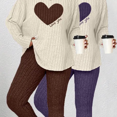 [Plus Size] Heart Print Drop Shoulder Tee & Pants Loungewear Set, Glam Lounge Wear, Casual Comfy Round Neck Long Sleeve Top & Trousers Pj Set, Women's Sleepwear for All Seasons, Heart Pattern Sleepwear, Sleepwear Pajamas Set, Heart Printed Pajama
