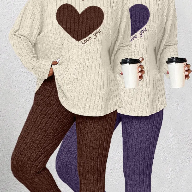 [Plus Size] Heart Print Drop Shoulder Tee & Pants Loungewear Set, Glam Lounge Wear, Casual Comfy Round Neck Long Sleeve Top & Trousers Pj Set, Women's Sleepwear for All Seasons, Heart Pattern Sleepwear, Sleepwear Pajamas Set, Heart Printed Pajama