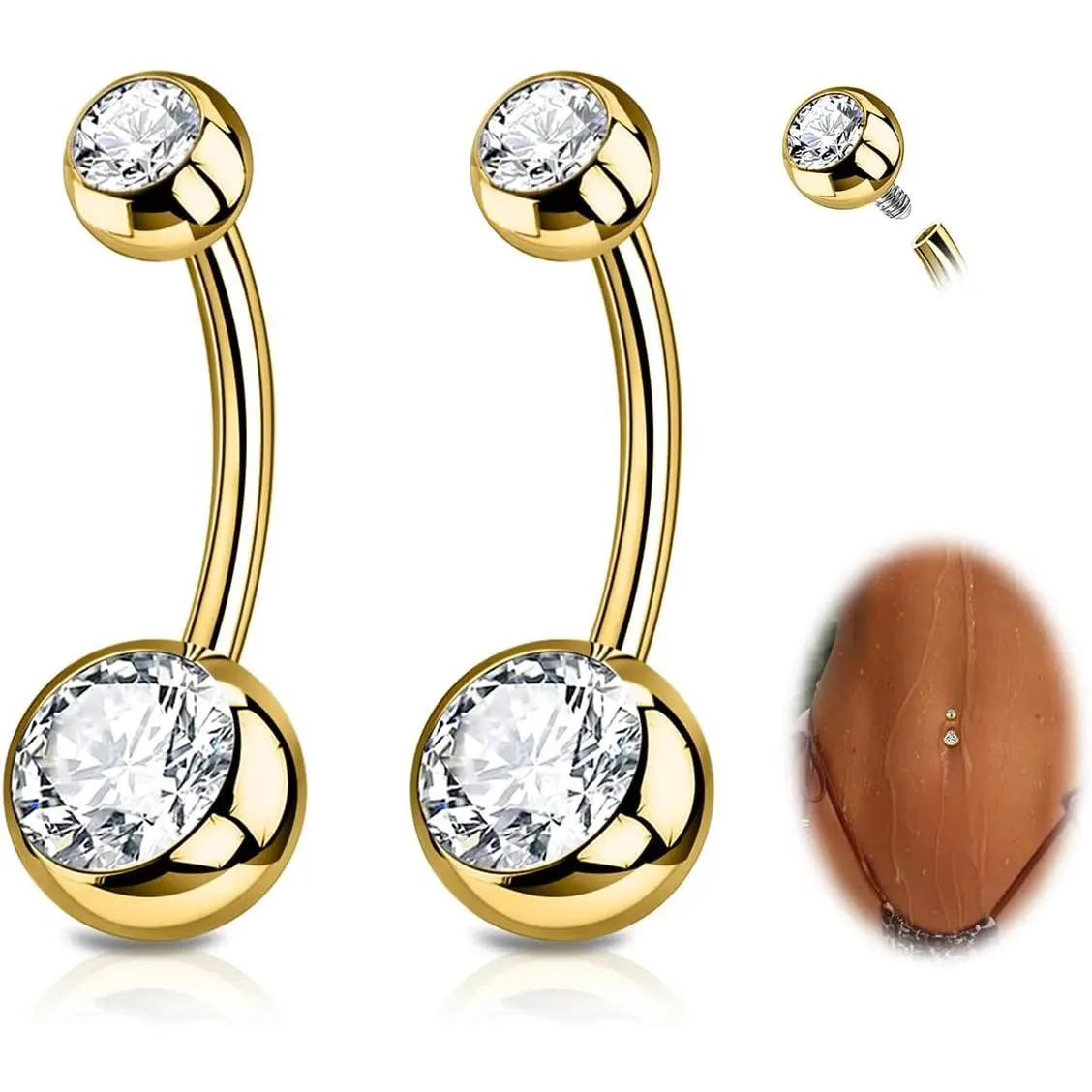 2PC G23 Titanium Belly Button Rings Internally Threaded Navel Barbell Belly Piercing Jewelry 6mm 8mm 10mm 12mm 14mm 16mm of Length to Choose Round Cubic Zirconia Belly Rings for Women Men