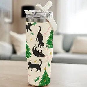 Auracup 1pc 30oz Christmas Cat Tumbler with Handle and Straw, Cute Black Kitty and Tree Pattern Stainless Steel Travel Mug, Double Wall Vacuum Insulated Coffee Cup, Holiday Gift for Women, Men, Cat Lovers, Friends, Family, Drinkware, Insulated Cups
