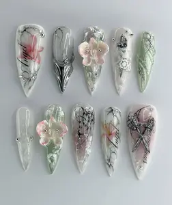 Ethereal Gothic Floral 3D Nail Art with Chrome Veins, Translucent Petals & Glass Marble Effect – Romantic Dark Fantasy Acrylic Nail Design for Alternative Bridal