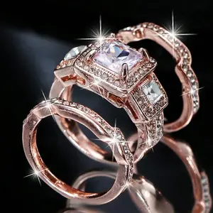3-Piece Rose Gold Wedding Ring Set for Women – Sparkling Zirconia Elegant Jewelry