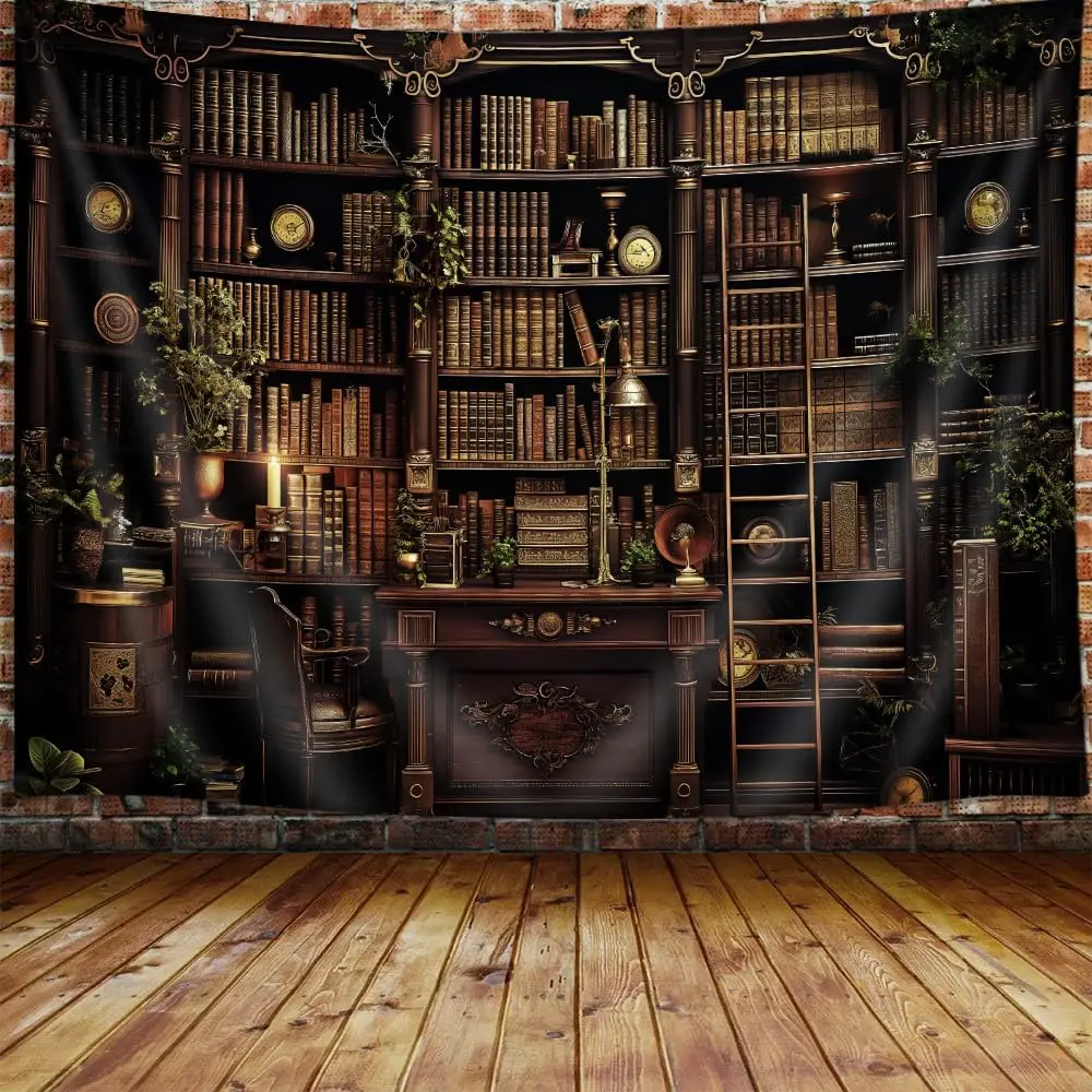 Vintage Gothic Bookshelf Tapestry, Medieval Witchy Library Book Tapestry Wall Hanging for Men Bedroom, Cool Black Victorian Tapestries Poster Blanket College Dorm Home Decor 90X70Inches