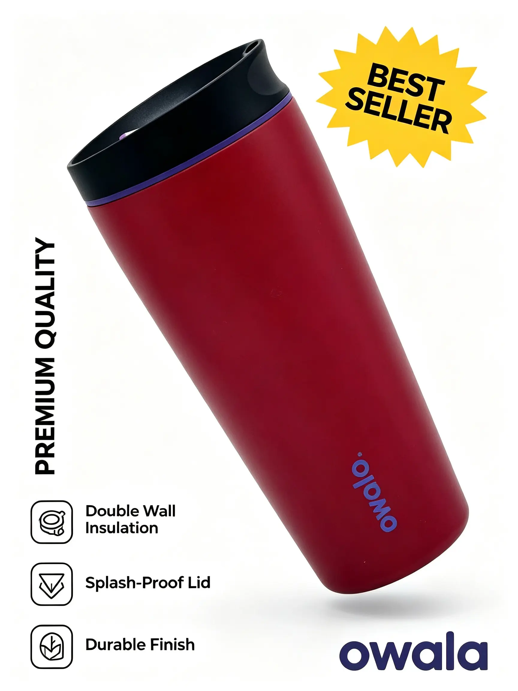 Owala 20oz Red Insulated Coffee Cup for Hot & Cold Drinks, Leak-Proof 24hr Cold, BPA-Free, Fits Car Cup Holders  for Office & Commute