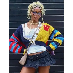 Women’s patchwork striped print button-front open cardigan, autumn–winter casual off-shoulder long-sleeve V-neck knit sweater, fashionable women’s knit sweater for everyday wear GARMENTARY