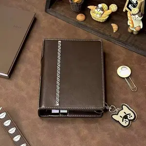 New A7 French Vintage Chocolate Latte Leather Notebook, Dual Ring Bound, Pocket Size, Includes 60 Blank Pages, Diary Journal
