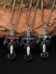 Elegant Vintage Imitation Gem Dragon Sword Pendant Necklace, Stainless Steel Chain, Unisex Punk Style Party Gift, Exquisite Jewelry Gift, Gothic Valentine's Day Birthday Present