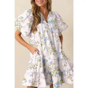 Pink Floral Striped Print Contrast Trim Tie Split Neck Mini Dress