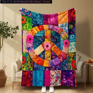 Boho Patchwork Peace Sign Fleece Blanket, Colorful Floral Hippie Throw, Soft Cozy Flannel for Couch Bed, Bohemian Home Decor Gift