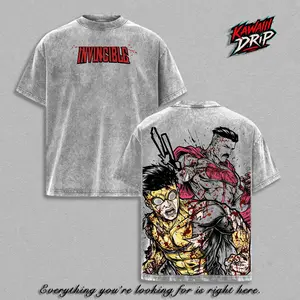 Invincible - Omni Man Vs Mark Grayson Graphic Tee Vintage Washed Oversized Heavy Cotton T Shirt & Hoodie | Dark Superhero Comic Streetwear Shirt | Unisex Gym Pump Cover Gamer Outfit | Blood Battle Back Print Graphic Tee | Retro Distressed Streetwear Gift
