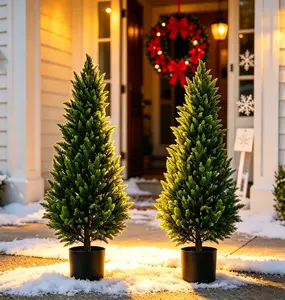 Artificial Topiary Cedar Trees 4FT Tall 2 Set, Outdoor Indoor Faux Pine Shrubs Plants, Realistic Fake Plants Front Porch Decor, Artificial Bushes Cypress for Home Front Door Offices