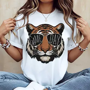Tiger With Sunglasses Game Day Print T-Shirt White Casual Short Sleeve Unisex Tee For Everyday Wear And Sports Events