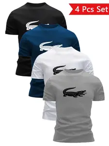4-Pack Crocodile Print Round Neck Short Sleeve T-Shirts, Casual Streetwear for Men, Quick-Dry Breathable Fabric, Unisex Fashion