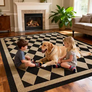 Washable Checkered Easy Jute Rug 5x7, Black Checkerboard Geometric Modern Outdoor Indoor Patio Large Rugs, Woven Thin Carpet Mat for Living Dining Room Bedroom Classroom   Play Room