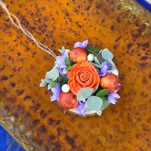 Dragonfly Designs Wood Flower Ornament with Bright Coral, Purple and Crabapple Accents for Christmas Tree Elegant Home Decor Essential with Vibrant Red Rose and Blue Berries on Pine Wooden Disk Hanging Faux Greenery - Decoration