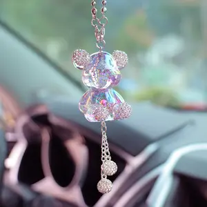 Cartoon Bear Four-Color Clay Rhinestone Car Rearview Mirror Hanging Ornament Car Pendant Car Decoration Plastic Hanging Piece
