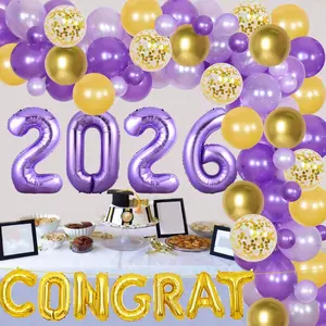 JOYMEMO 2026 Purple and Gold Metallic Graduation Balloon Garland Arch Kit (68 Pcs) - Tape Included, 2026 Foil Congrats Number Balloons for High School Graduation Party Decor Supplies, Balloon Arch Balloons, Decorative Letter Balloons