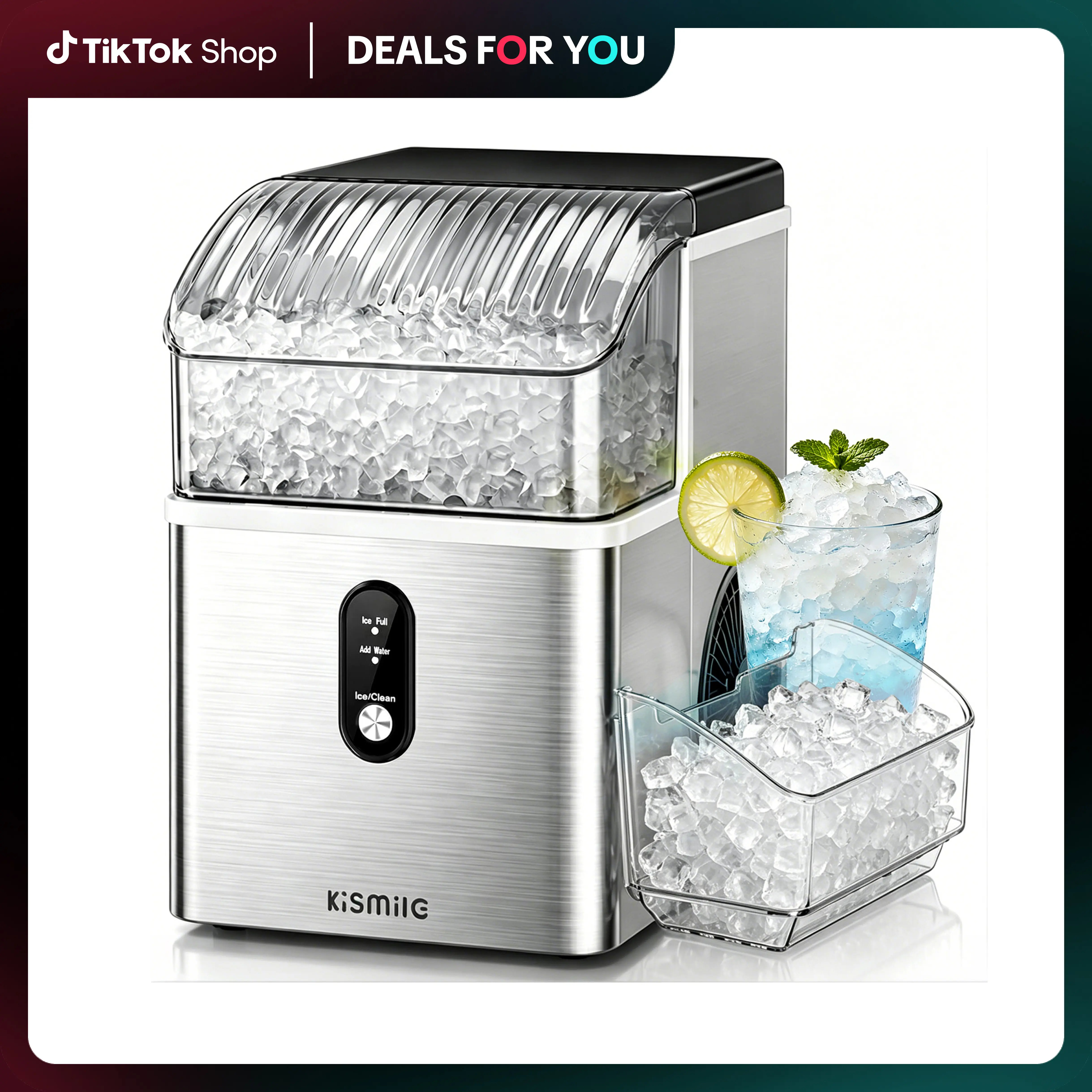Kismile Countertop Nugget Ice Machine, Portable Unit with Ice Machine Cleaner, 35Lbs/24H Production, 7-Mins Quick Making, Self-Cleaning, 1-Click Operation for Home Kitchen, Office