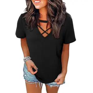 Angerella Womens Tops Short Sleeve V Neck Shirts Loose Casual Blouses Summer Tees Criss Cross