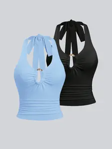 Summer Women's Two-Piece Set: Fitted Hollow Out Cami Top & Beach Cover-Up