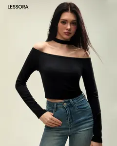 LESSORA Women's Off Shoulder Halter Long Sleeve Slim Fit Stretchy Tee