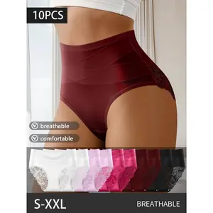 QUASTI 10 Pack High Waisted Lace Panties for Women, Sexy Breathable Crossover Design Hip Lifting Smooth Briefs, Skin Friendly Spliced Lace Everyday Bikini Underwear, S-XXL