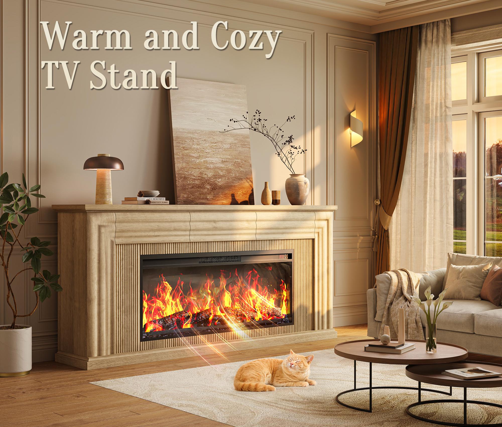【2 Packages Shipping】PRAISUN 70'' Fireplace TV Stand with 42'' Electric Fireplace, Farmhouse TV Stand for 65 75 Inch TV, Entertainment Center TV Console with 3 Drawers, Fluted Design, for Living Room