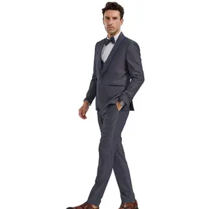 Tranquility Collection: Men's Birdseye 3-Piece Suit In Grey/Navy - Slim Fit