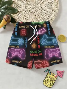 Boys' Neon Game 3D Beach Pants, Street Graffiti Casual Vacation Shorts, Knee Length Fitted Summer Wear, Perfect Gift for Holidays & Birthdays