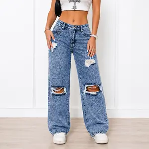 Women's Vintage Acid Wash Ripped High-Waist Wide Leg Baggy Denim Jeans - Womenswear Bottoms