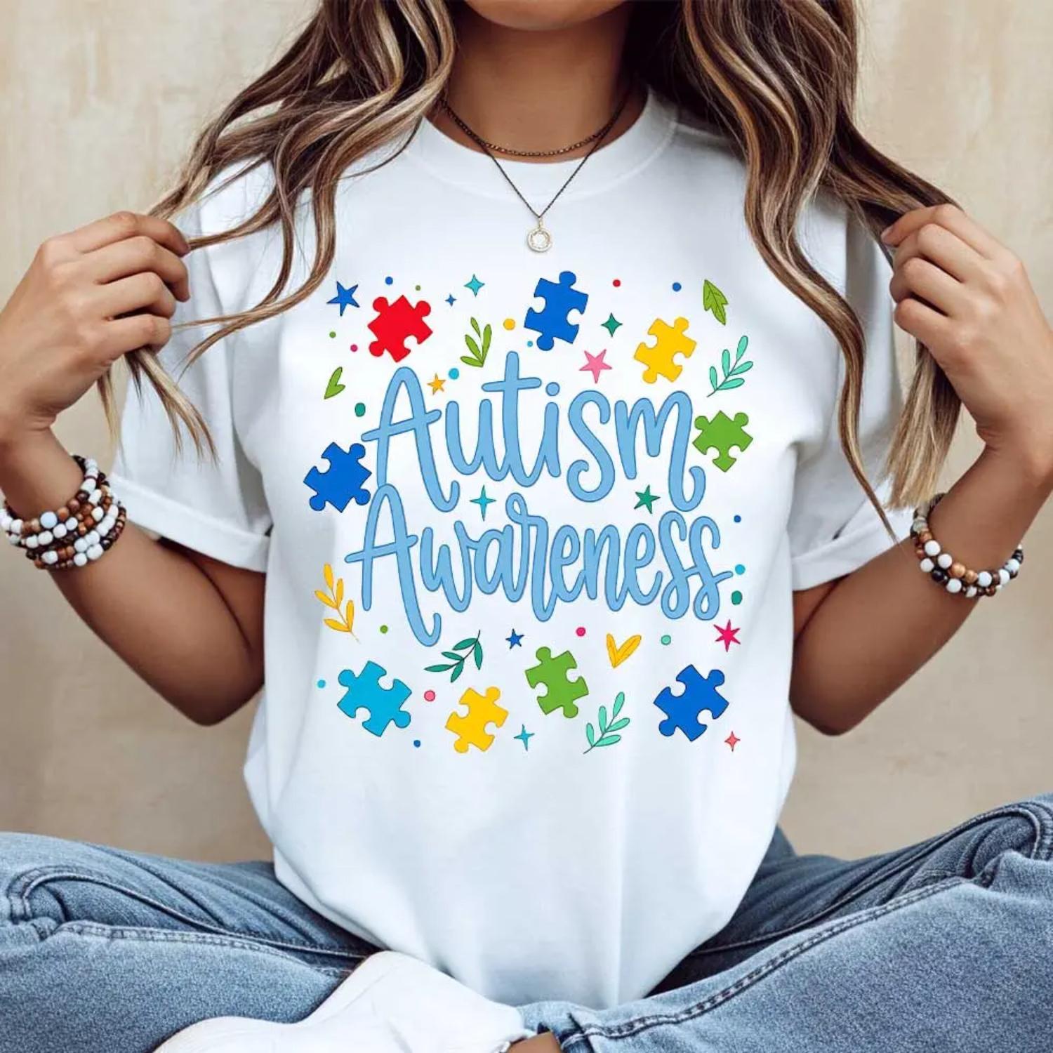 Autism Awareness Puzzle Piece and Star Design Casual White Crewneck T ...